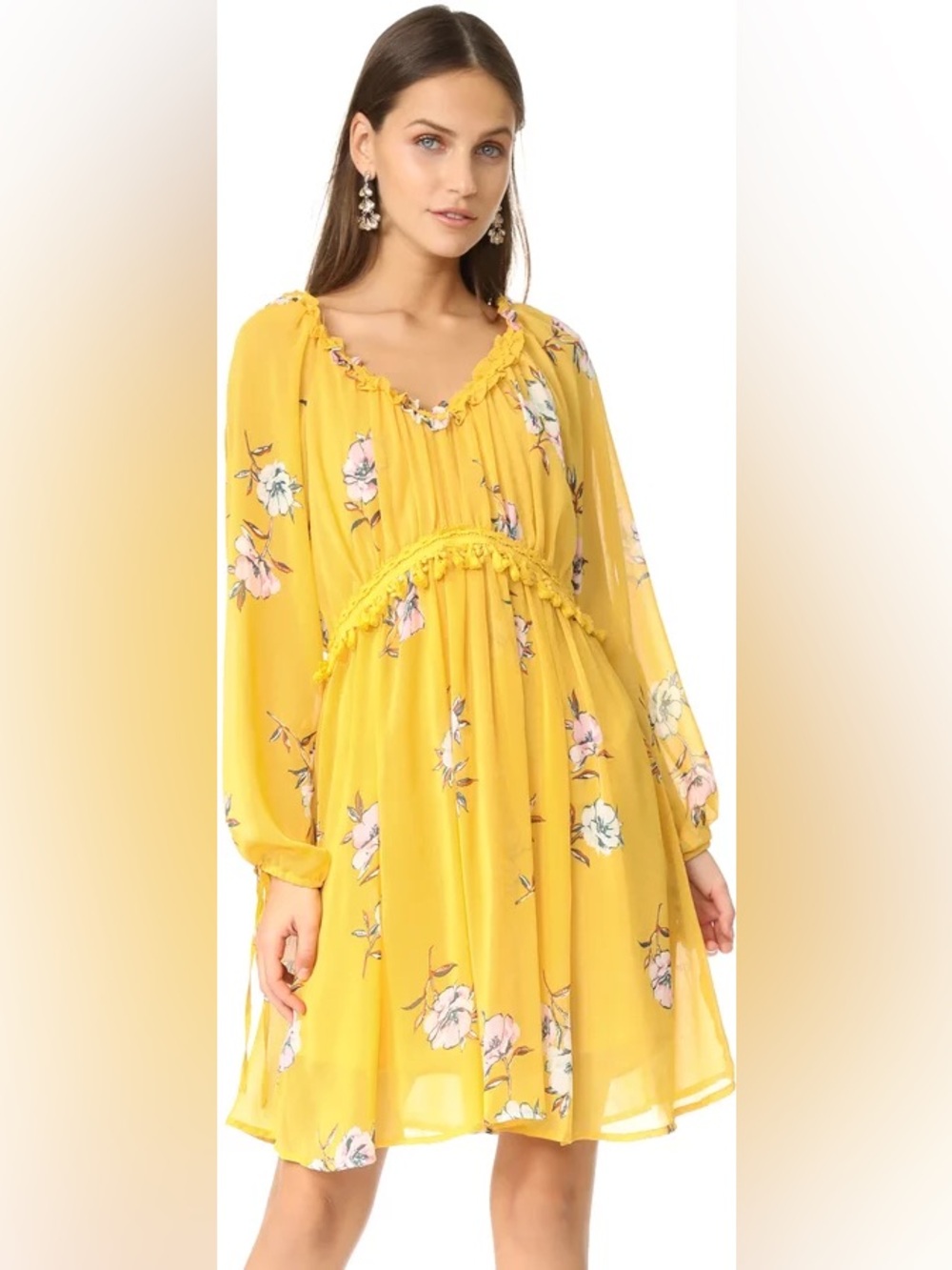 Moon River Yellow Floral Boho Romantic Mini Dress Long Sleeve Tassel Waist XS